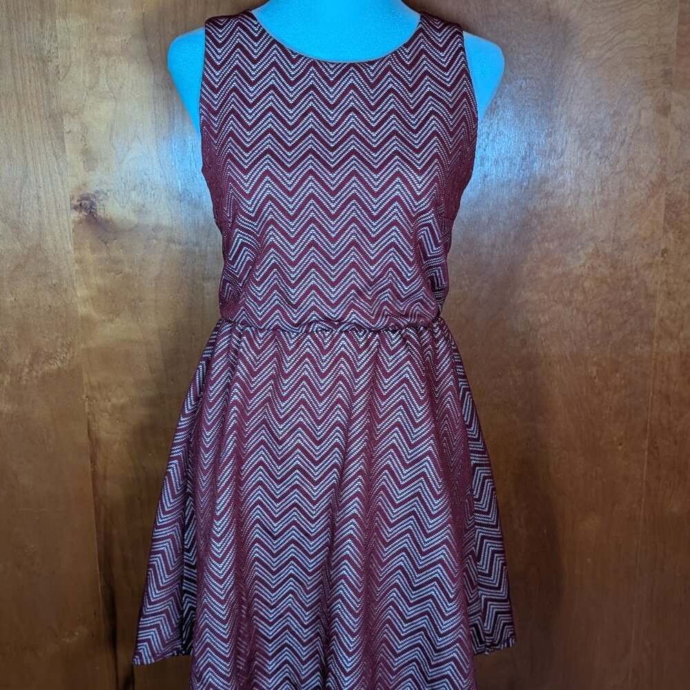 Soulmates Burgundy and Cream Chevron Pattern Tank A-line Dress